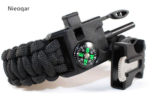 Multi-functional Survival Paracord Bracelet Black Camping Outdoor Tactical Wrist Survival Gear Whistle Lifesaving Braided Rope